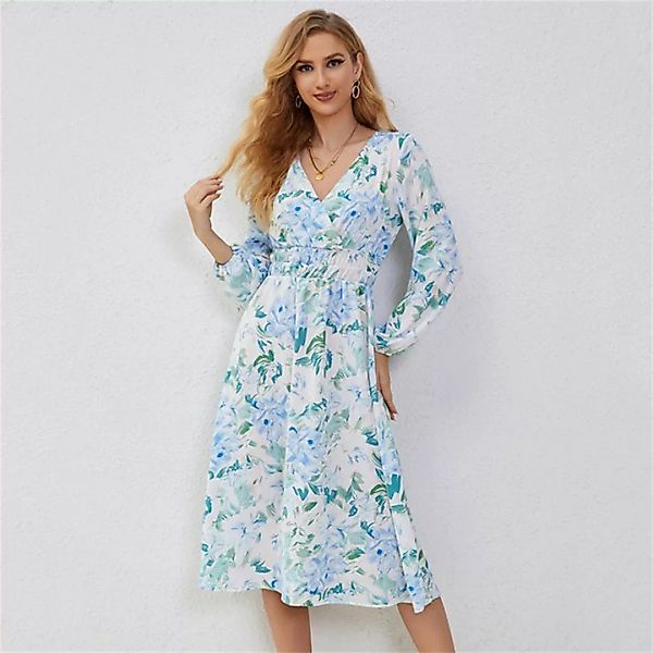 RUZU UG Dirndl Frühlings- und Sommerkleid mit Taillendruck in Blau und Weiß günstig online kaufen