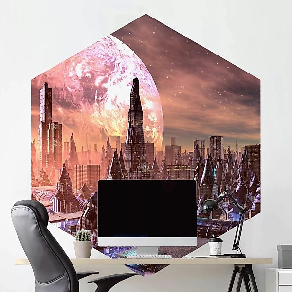 Hexagon Mustertapete selbstklebend Sci-Fi Stadt mit Planeten günstig online kaufen