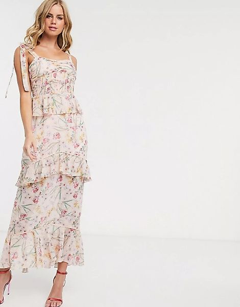 Dark Pink – Gestuftes, wadenlanges Kleid mit Schulterschnürung und gehaucht günstig online kaufen