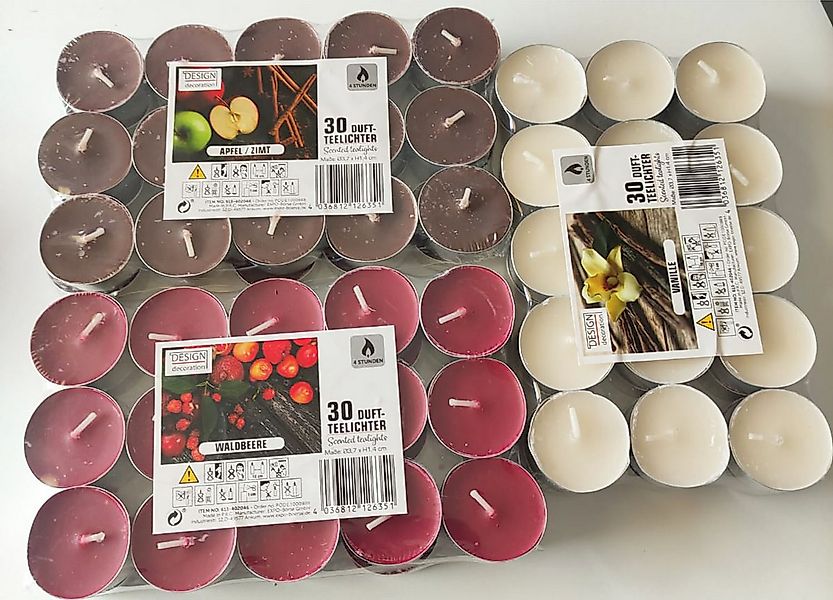 Expo Börse Teelicht 90x Duft-Teelichter Kerzen drei Sorten 4 Stunden Brennd günstig online kaufen