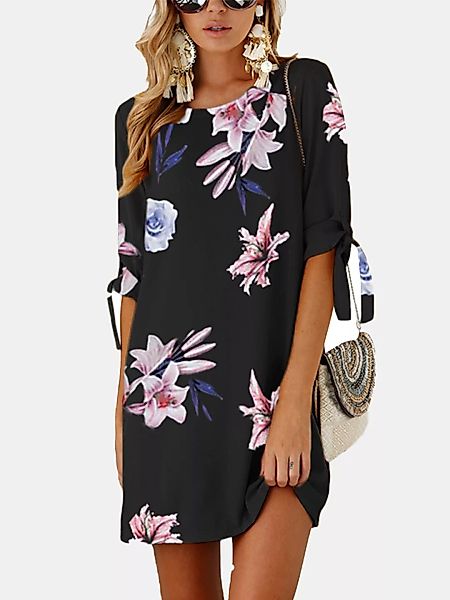 Blumendruck O-Ausschnitt Halbarm Midi Kleid günstig online kaufen