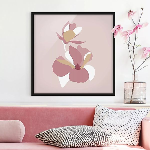 Bild mit Rahmen Blumen - Quadrat Line Art Blüten Pastell Rosa günstig online kaufen