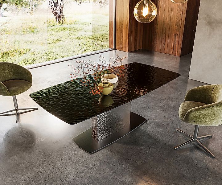Esstisch Edge Boot 200x100 Reliefglas Rauchschwarz 3D-Design Wave Edelstahl günstig online kaufen