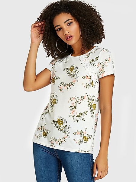 YOINS White Lace Detail Random Blumendruck T-Shirt mit rundem Hals günstig online kaufen