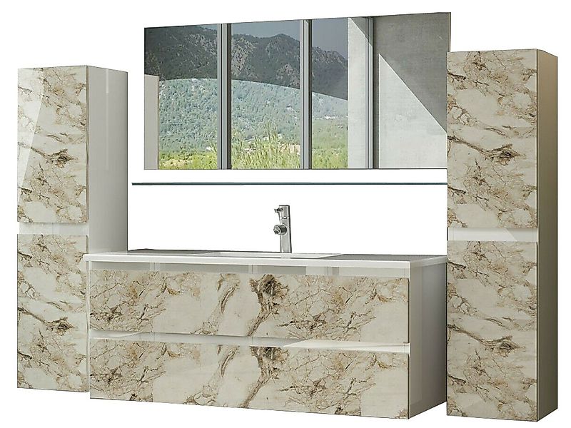 Homeline Badmöbel-Set Diana, (Badmöbel Set 90 cm Weiss Marmor Optik Hochgla günstig online kaufen