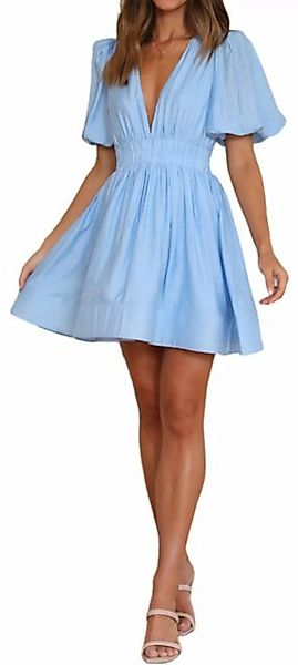 ZWY Ballonkleid A-Linien-Kleid mit V-Ausschnitt für Damen mit Laternenärmel günstig online kaufen