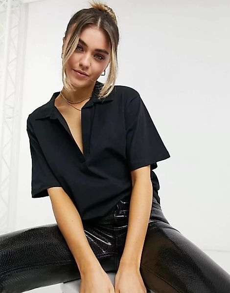 ASOS DESIGN – Oversize-Poloshirt in Schwarz mit auffälligem Kragen günstig online kaufen
