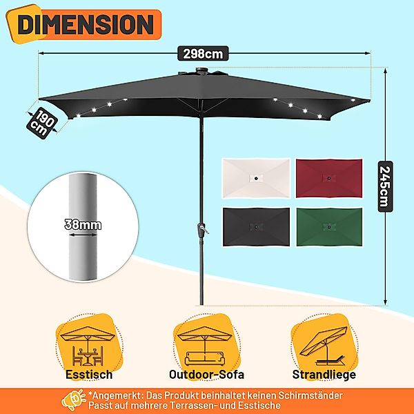 Clanmacy Sonnenschirm Rechteckig LED Solar Gartenschirm günstig online kaufen