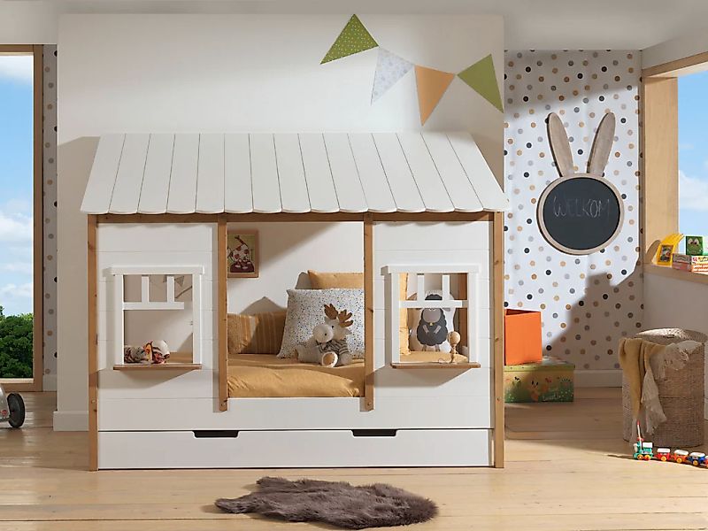 Vipack Kinderbett "Hausbett, aus MDF und Massivholz weiß lackiert mit farbl günstig online kaufen