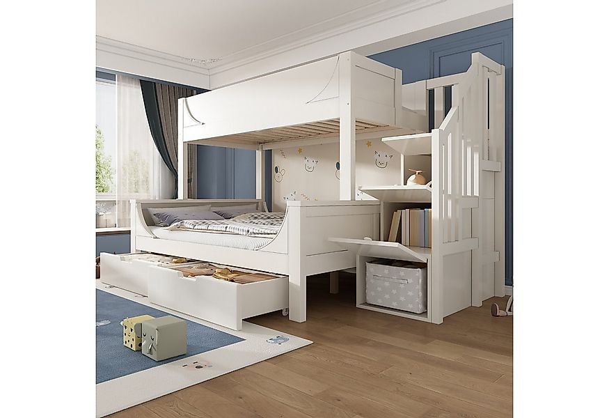 MODFU Hochbett mit Rollen-Schublade & Leiterschrank (Holzbett, Doppelbett, günstig online kaufen