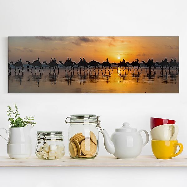 Leinwandbild - Panorama Kamele im Sonnenuntergang günstig online kaufen