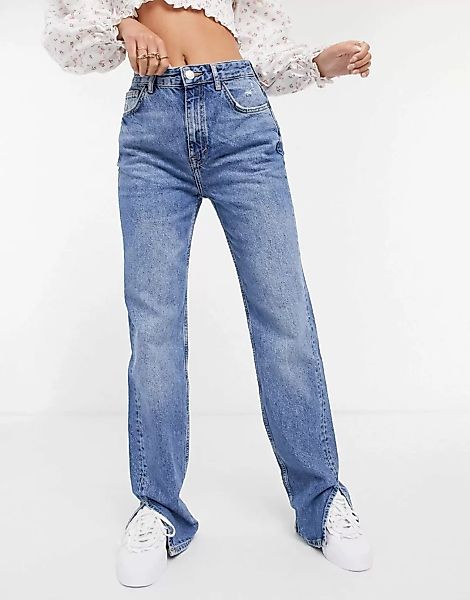 Pull&Bear – Blaue Jeans im 90er-Stil mit geradem Bein und Rissen günstig online kaufen