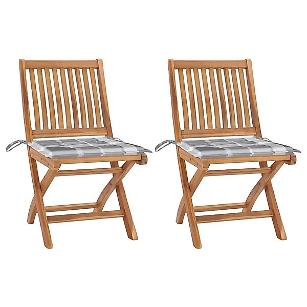 vidaXL Gartenstühle 2 Stk Graue Karomuster-Kissen Massivholz Teak 3062447 günstig online kaufen