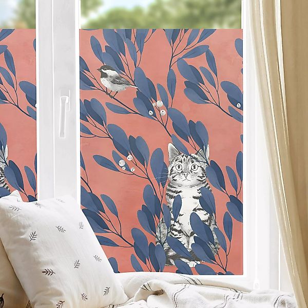 Fensterfolie Illustration Katze und Vogel auf Ast Blau Rot günstig online kaufen