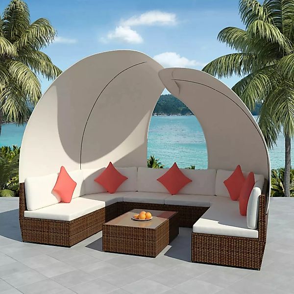 9-tlg. Garten-lounge-set Mit Sonnendächern Poly Rattan Braun günstig online kaufen