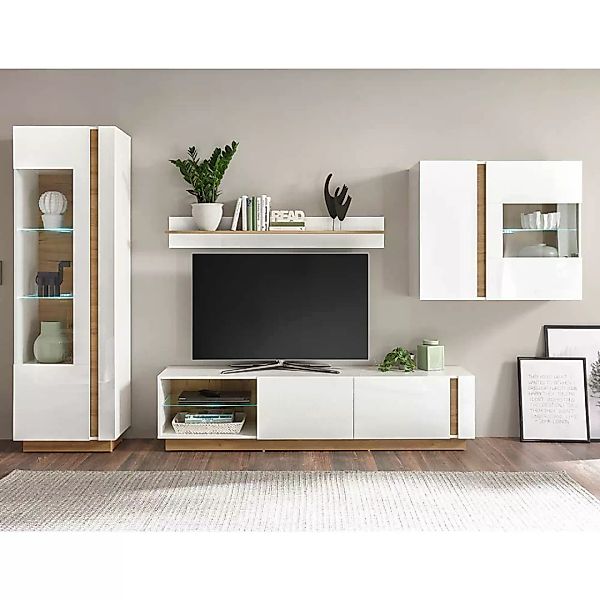 Wohnzimmer Anbauwand in Weiß und Wildeiche Optik 295 cm breit (vierteilig) günstig online kaufen