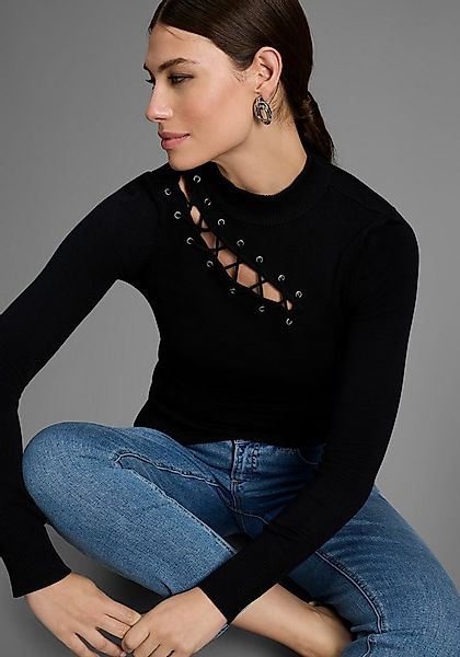 Melrose Stehkragenpullover feminine Passform mit Zier-Schnürung günstig online kaufen