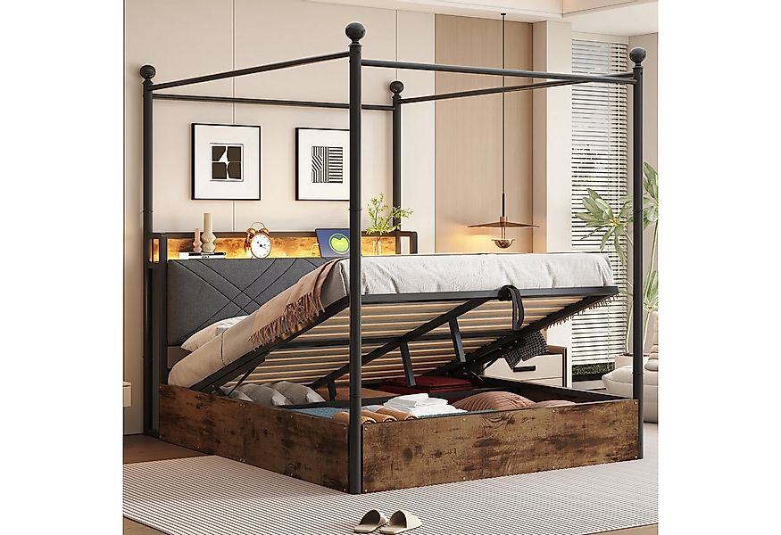 Flieks Himmelbett, Hydraulisches Stauraumbett Metallbett 140x190cm mit LED günstig online kaufen