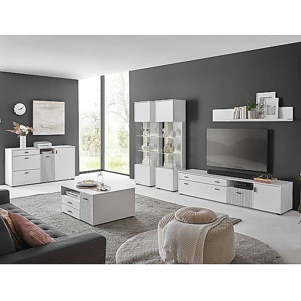Wohnzimmer Set mit Vitrinen weiß matt schwarz gerillt HUNTER-61, 6-teilig günstig online kaufen