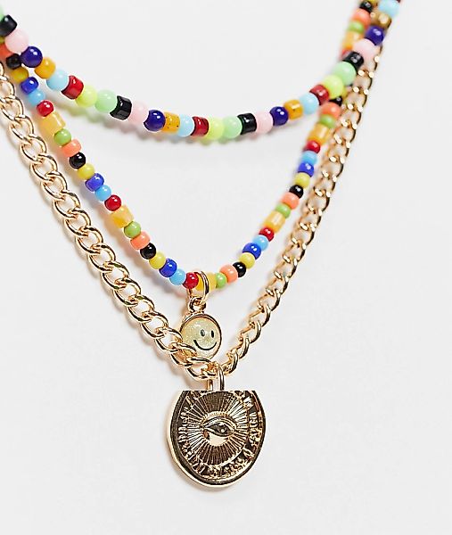 ASOS DESIGN – Goldfarbene Halskette mit Kunstperlen und Kettenelement im 3e günstig online kaufen
