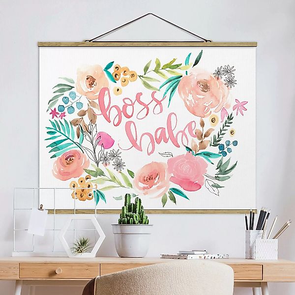 Stoffbild Spruch mit Posterleisten - Querformat Rosa Blüten - Boss Babe günstig online kaufen