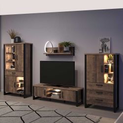 Wohnzimmeranbauwand Industriestil in Eiche dunkel Schwarz (vierteilig) günstig online kaufen