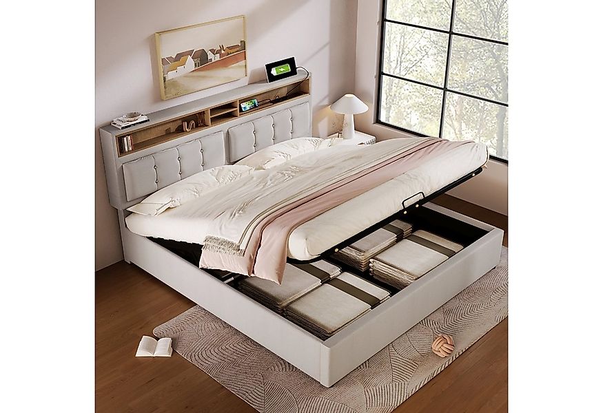 Odikalo Stauraumbett Polsterbett Doppelbett USB Kopfteil Leinen 140/160cm B günstig online kaufen