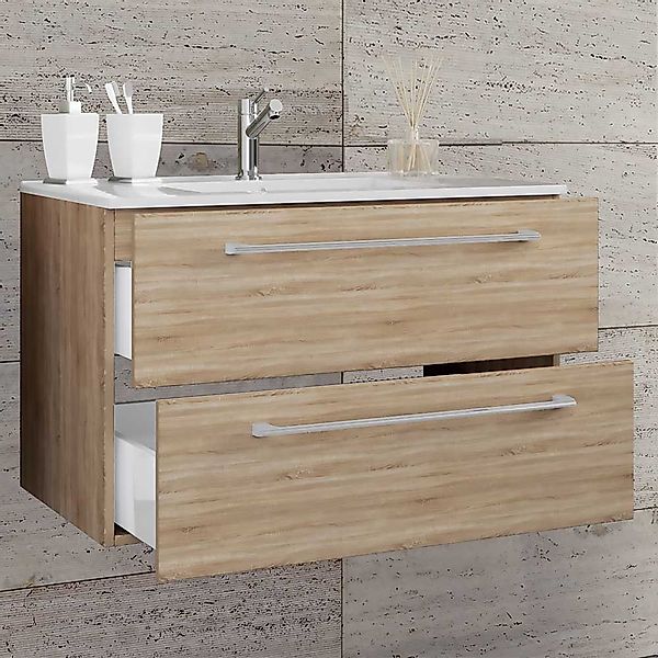 Waschtisch Sonoma Eiche Holzoptik mit zwei Schubladen die Wandmontage günstig online kaufen