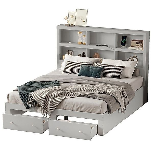 Ulife Massivholzbett Doppelbett Kingsize mit USB-Anschluss, Kopfteil mit St günstig online kaufen