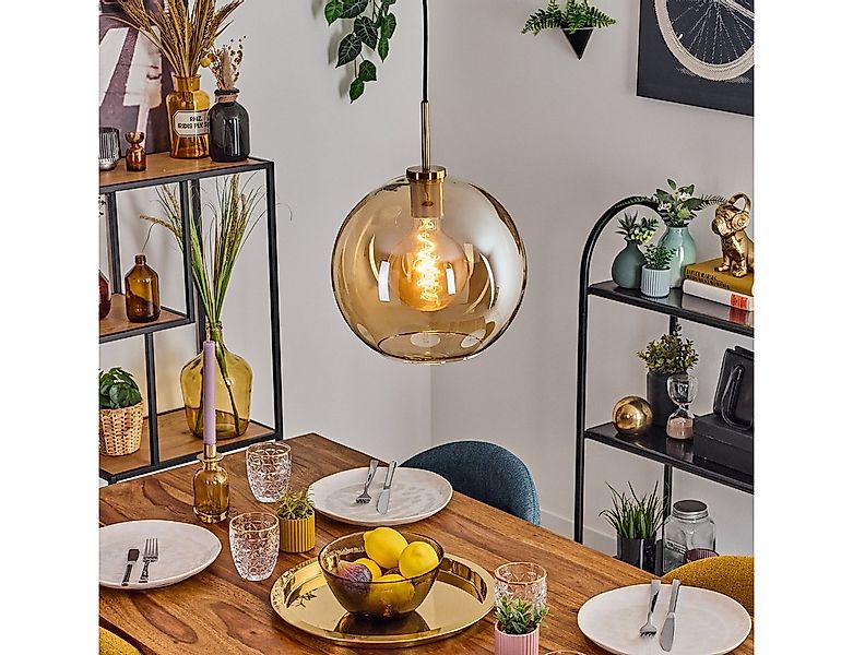 hofstein Hängeleuchte Hängelampe aus Metall/Glas in Schwarz/Gold-/Bernstein günstig online kaufen