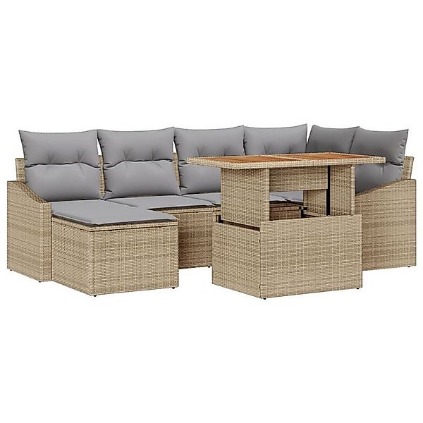 vidaXL Loungesofa 7-teiliges Garten-Sofaset mit Kissen Beige Poly Rattan, 7 günstig online kaufen