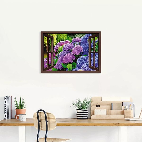 Artland Wandbild »Fensterblick Hortensien im Garten«, Blumen, (1 St.), als günstig online kaufen