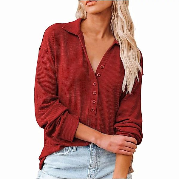FIDDY Blusentop Damen V Ausschnitt Langarm Pullover Revers Sweatshirt Bluse günstig online kaufen