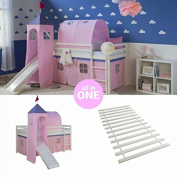 Homestyle4u Hochbett Kinderbett mit Leiter und Vorhang Weiß Rosa Holz Kiefe günstig online kaufen