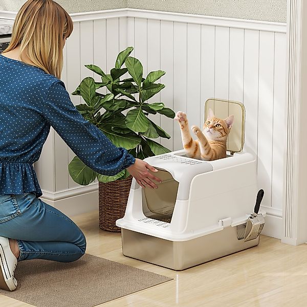 PawHut Katzenklo, Katzentoilette mit Deckel, Streuschaufel, Wanne aus Edels günstig online kaufen