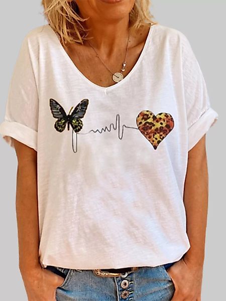 Kurzarm-T-Shirt mit V-Ausschnitt und Schmetterlingsdruck für Damen günstig online kaufen