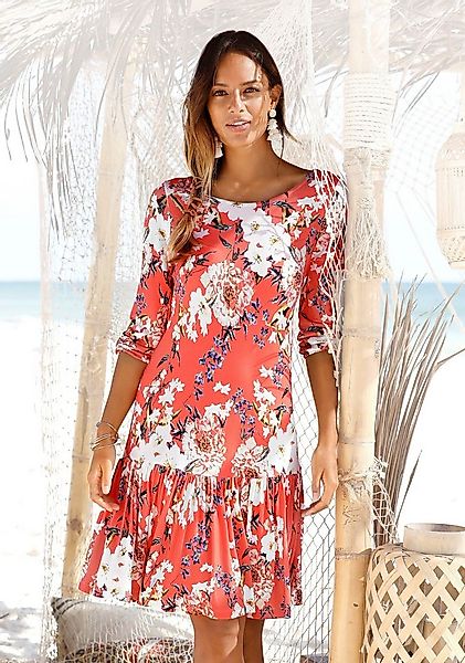 s.Oliver Jerseykleid mit Blumenprint und Volantrock, 3/4-Ärmel, Sommerkleid günstig online kaufen