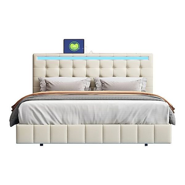 Gotagee Polsterbett mit LED-Leuchten flächiges Doppelbett-Gästebett Leinen günstig online kaufen
