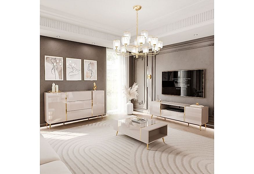 ALLHOUSE24 Wohnzimmer-Set DIAMANT Kaschmir Hochglanz GOLD Metallfüßen Wohnz günstig online kaufen