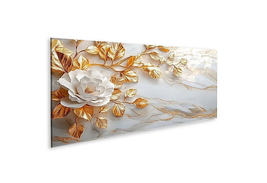 islandburner Leinwandbild Goldene Blätter und weiße Blume auf Marmor 1 Wand günstig online kaufen