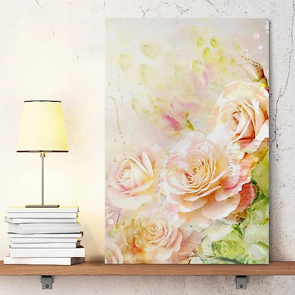 Leinwandbild Blumen - Hochformat Aquarell Rosen Komposition günstig online kaufen