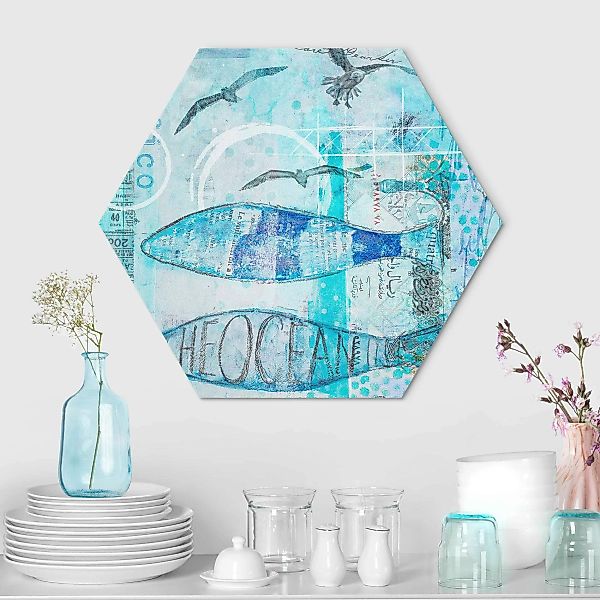 Hexagon-Alu-Dibond Bild Bunte Collage - Blaue Fische günstig online kaufen