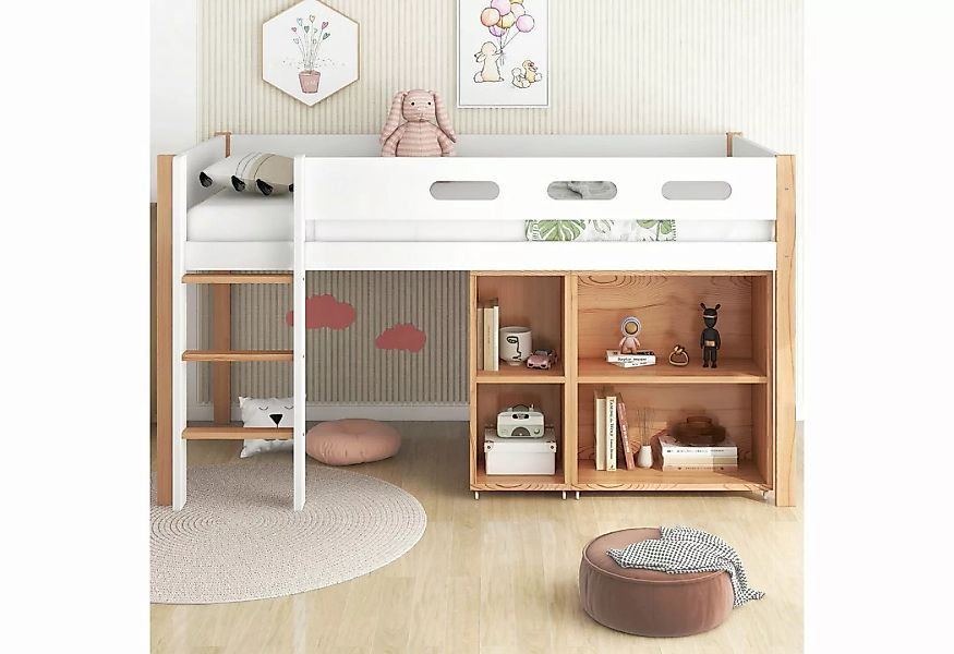 SOFTWEARY Hochbett mit Lattenrost und Regal (90x200 cm) Kinderbett mit Raus günstig online kaufen