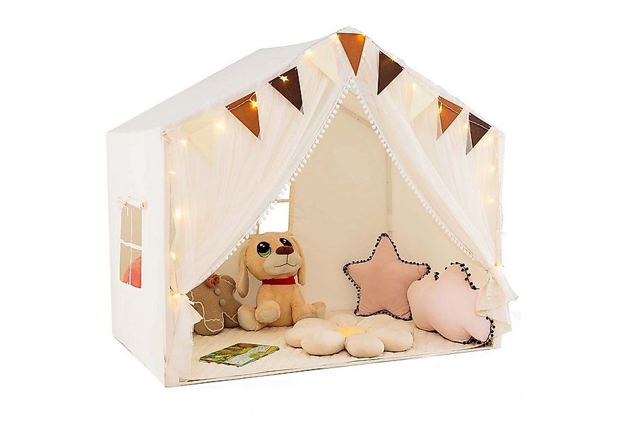 KOMFOTTEU Spielzelt Spielhaus mit Türvorhängen, Fenstern & gepolsterter Mat günstig online kaufen