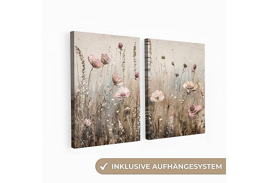 MuchoWow Leinwandbild Blumen - Beige - Modern - Rosa, Fotodruck (2 St), Wan günstig online kaufen