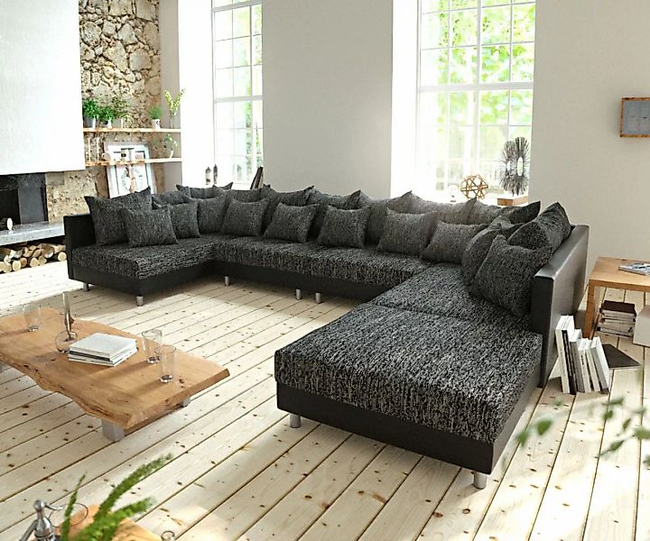 Wohnlandschaft Clovis XL Schwarz Modulsofa mit Hocker günstig online kaufen