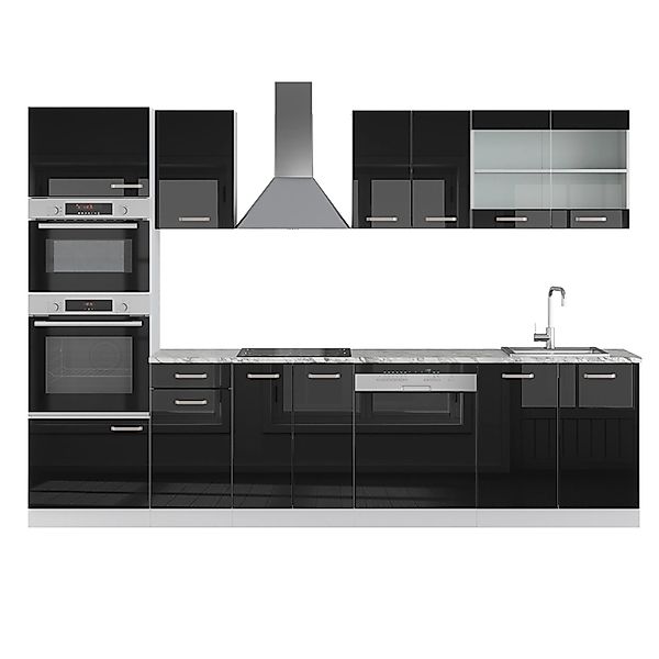 Vicco R-Line Küche Schwarz Hochglanz/Weiß 300 cm mit Hochschrankohne Arbeit günstig online kaufen