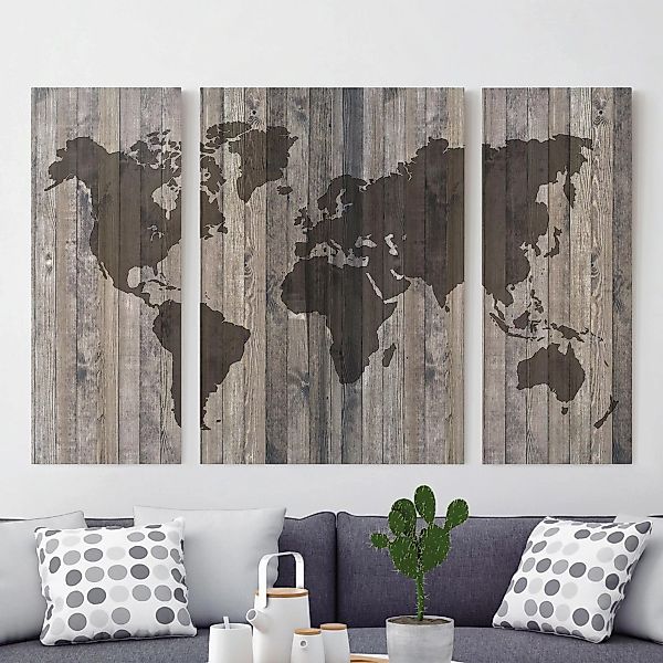 3-teiliges Leinwandbild Weltkarte - Querformat Holz Weltkarte günstig online kaufen