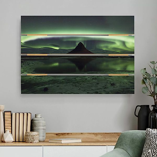 Holzbild Plankenoptik Natur & Landschaft - Querformat Polarlicht in Island günstig online kaufen