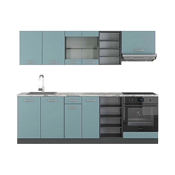 Vicco R-Line Küchenzeile Blau-Grau/Anthrazit 240 cm AP Marmor günstig online kaufen